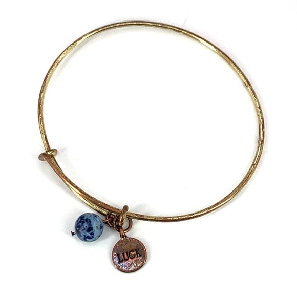 Gold Tone Luck Charm Bracelet With Blue Faux Gem Expandable 2.0"- 3.5" - Picture 2 of 2